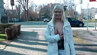 whoa, german blonde teen slut strips naked outdoors, teasing her big tits in public view!
