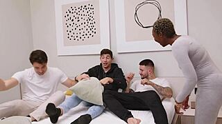 Ebony Roommate Craves Spanish Brothers' Orgy with Deepthroat Facefucking and Cumshots
