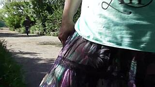 Hairy mature chubby beaver flashes thru see-thru dress upskirt outdoors publicly... uh