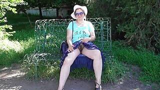 Hairy mature chubby beaver flashes thru see-thru dress upskirt outdoors publicly... uh