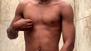 Amateur dude's soapy dick massage in shower almost busted