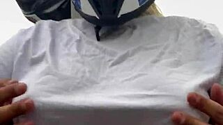 Hey moto girl grabs rider's hands on her big tits while driving he gets hard and cums all over her 😏🏍️💦