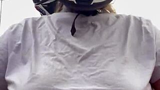 Hey moto girl grabs rider's hands on her big tits while driving he gets hard and cums all over her 😏🏍️💦