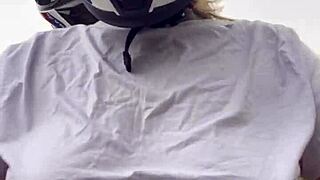 Hey moto girl grabs rider's hands on her big tits while driving he gets hard and cums all over her 😏🏍️💦