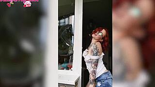 Young redhead teen babe drenches big tits in wet t-shirt window washing homemade amateur