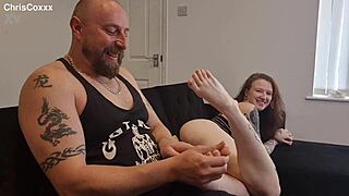 Girlfriend's oiled feet tease after shoot turns into wild footjob massage