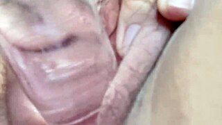 Glass dildo stretches tight juicy pussy walls super deep