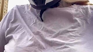 Hey moto girl grabs rider's hands on her big tits while driving he gets hard and cums all over her 😏🏍️💦