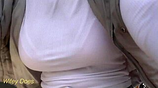 milf wifey braless bike ride public dare flashing amazing big tits tight shirt