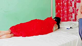 indian stepmom in red saree rides creampie with dirty hindi talk