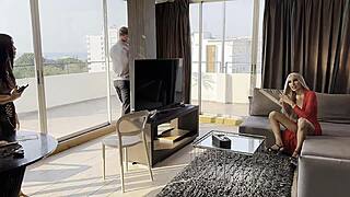 stylish ladyboy candy takes big cock client pounding backstage