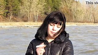 cute milf lights cigarette hikes skirt flashes shaved pussy dildo stuffed tits out public outdoor fetish