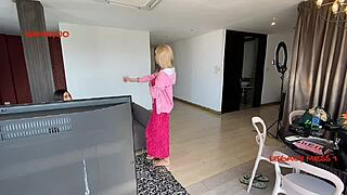 stylish ladyboy candy takes big cock client pounding backstage