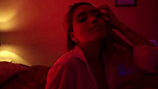 Yaira gropes her big natural tits and pussy while brushing long hair around house teasing