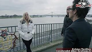 naive blonde teen flirts street to mmf outdoor double