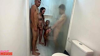 tiny brazilian midget fucks two huge cocks in hot bath threesome