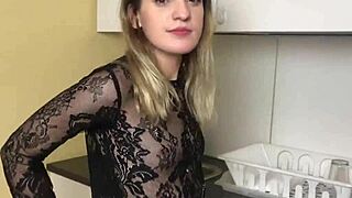 Blonde cutie spreads legs wide fingering shaved pussy closeup teasing small tits