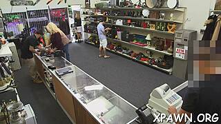 young tight pussy slut fucked rough missionary in shop, you won't believe how she sucks cock