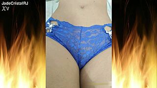 Brunette wife flashes big ass in blue lingerie