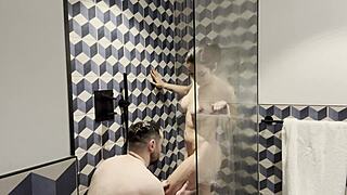 italian milf pornstar bounces on muscular stud's cock in shower no condom backstage action