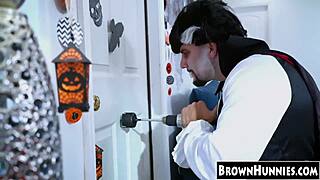 halloween heels stockings hug chocolate teen's petite pussy just right