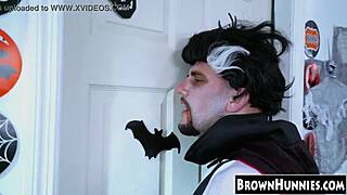 halloween heels stockings hug chocolate teen's petite pussy just right