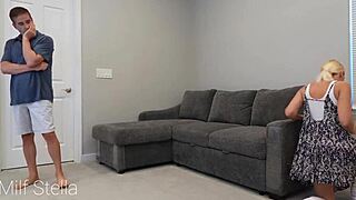 sneaky babysitter in socks gets caught by boss leading to huge tits blowjob and facial cumshot