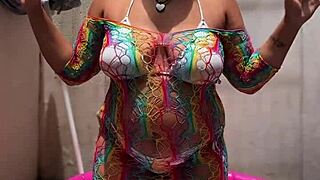 bbw does yoga stretches in tiny pool bending over to fart loudly showing huge curvy ass and natural tits