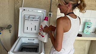 oh god the neighbor fucks me bent over in the washing machine i cum twice fast with his creampie inside