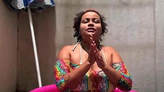 bbw does yoga stretches in tiny pool bending over to fart loudly showing huge curvy ass and natural tits