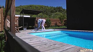 hey neighbor spied my morning yoga poolside then joined for rough doggystyle creampie