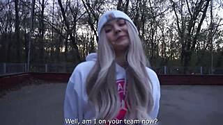 Met Cute 18+ Blonde Teen Streetwalker for Outdoor Creampie and Titty Blowjob