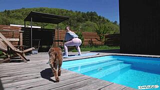 hey neighbor spied my morning yoga poolside then joined for rough doggystyle creampie