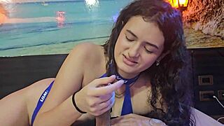 skinny latina with huge natural tits guides your handjob to explosive finish.