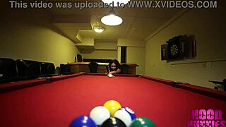 Petite black teen spread on pool table for green-eyed stud's deep fuck, want to watch?