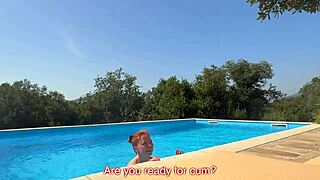 russian redhead bitch deepthroats monster cock then rides poolside