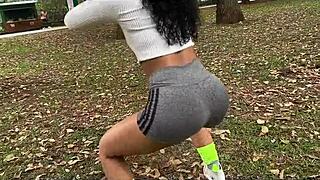 we trained hard in park then i put her on the rail for anal creampie