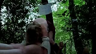 maîtresse kantalis offers her chained slave ebed for outdoor bdsm humiliation and cumshots