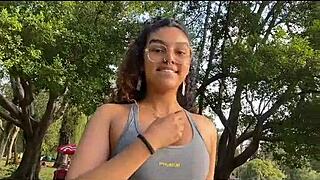 we trained hard in park then i put her on the rail for anal creampie