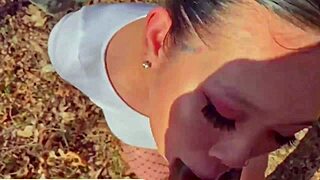 asian babe chokes on huge cock sloppy deepthroat outdoors teasing wet