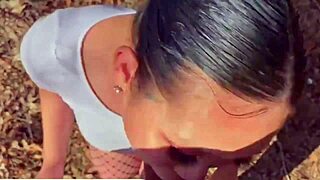 asian babe chokes on huge cock sloppy deepthroat outdoors teasing wet