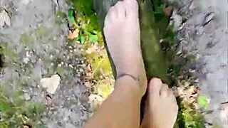 german nylon pantyhose feet balancing outdoor public barefoot sexy shoes toes fetish solo european amateur