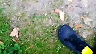 german nylon pantyhose feet balancing outdoor public barefoot sexy shoes toes fetish solo european amateur