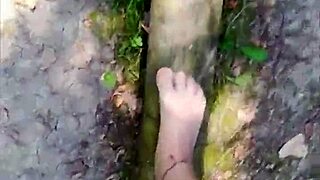 german nylon pantyhose feet balancing outdoor public barefoot sexy shoes toes fetish solo european amateur