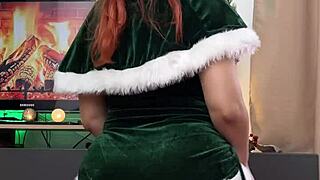 cute curvy christmas elf in stockings heels rides dildo moaning ahegao pussy closeup natural tits fetish cosplay solo
