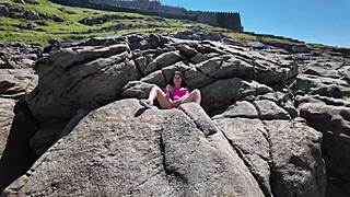 ever wonder how curvy milf cums with exotic dildo on beach?