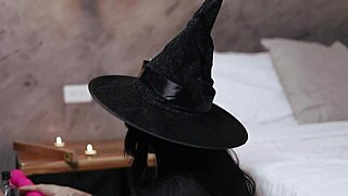 Skinny witch slut rides stranger cock halloween night pussy swollen!