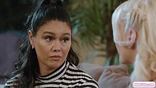 Blonde babe licks asian stepmom's pussy wildly!