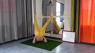 Regina noir's acrobatic yoga in yellow tights rips to reveal panty-free pussy workout fuck!