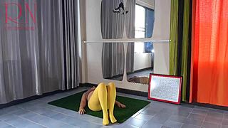 Regina noir's acrobatic yoga in yellow tights rips to reveal panty-free pussy workout fuck!